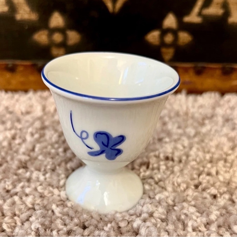 Elegant White and Blue D. Porthault Trèfles Porcelain Egg Cup Limoges